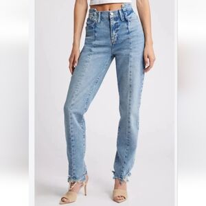 Good American Good Boy Step Waist Distressed Hem Jeans Straight Leg Blue Wash 6